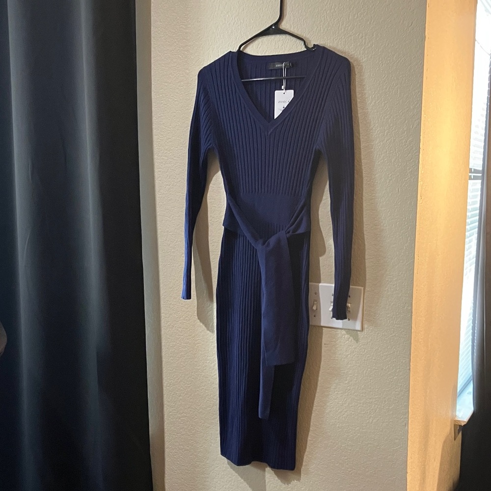 Zesica Navy Blue Ribbed Knit Sweater Dress